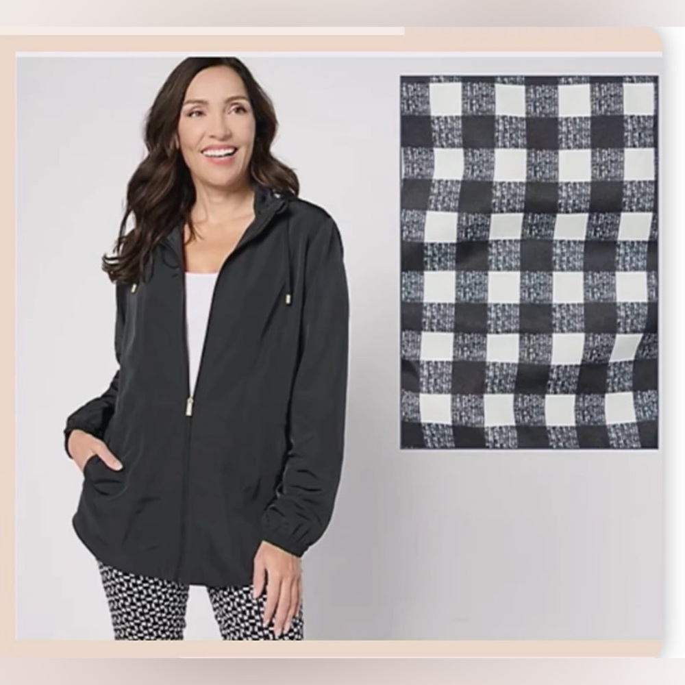 Fantastic XL Susan Graver Black Hooded Jacket With Black/White checkered Lining